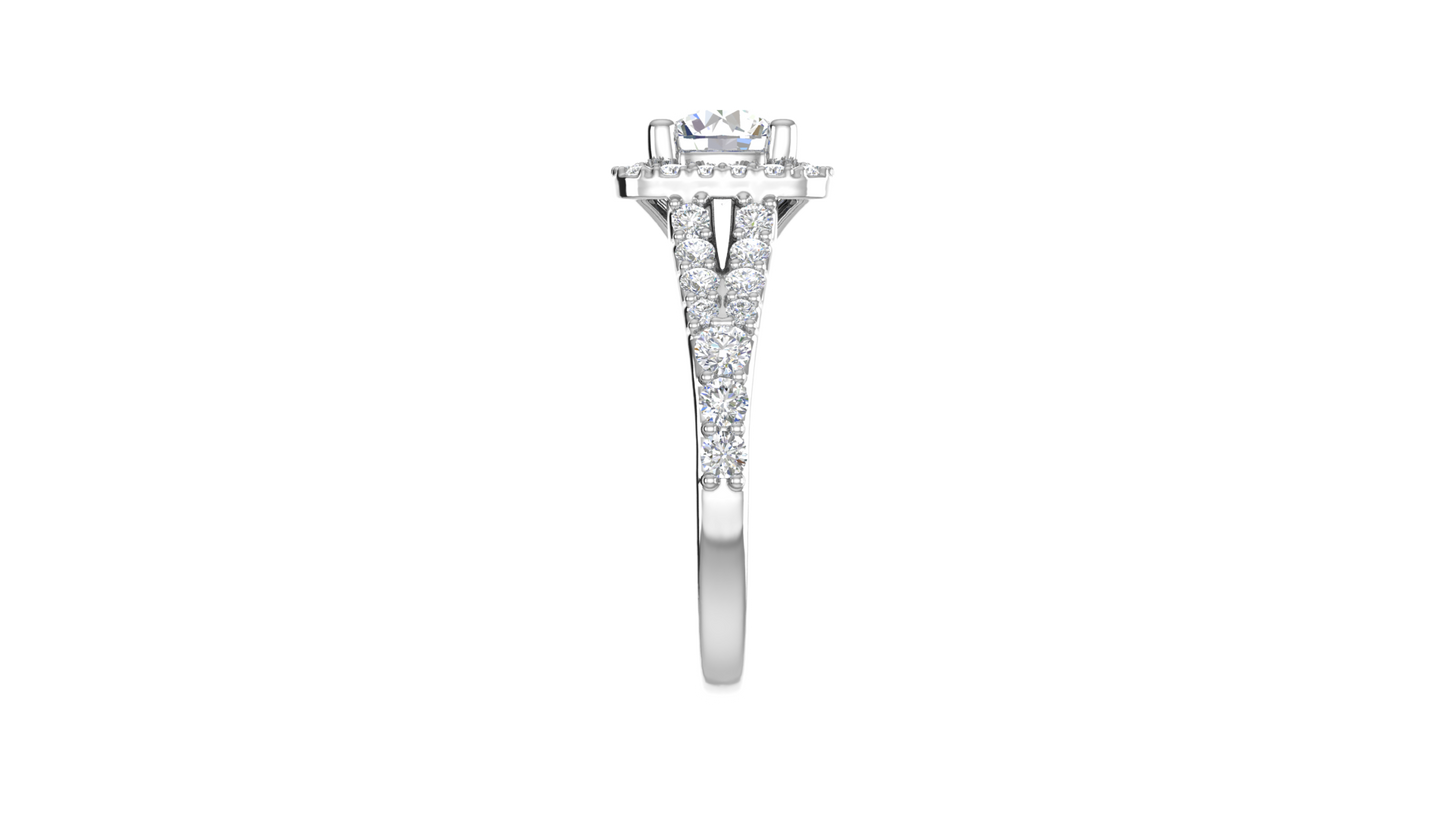 1.00 Carat Round-Cut Halo Engagement Ring With Pavé Diamond Band In 14K White Gold
