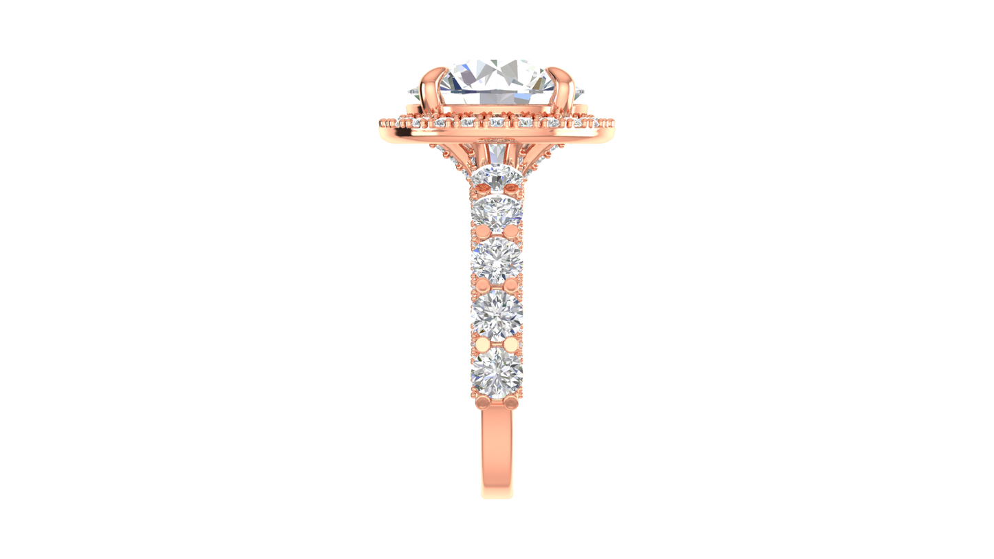 Opulent 5.00 Carat Round-Cut Halo Engagement Ring With Pavé Diamond Band In 14K Rose Gold