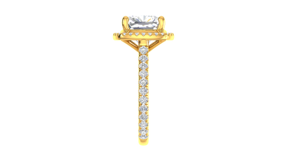 5 Carat Cushion Cut Halo Engagement Ring With Pavé Diamond Band In 14K Yellow Gold