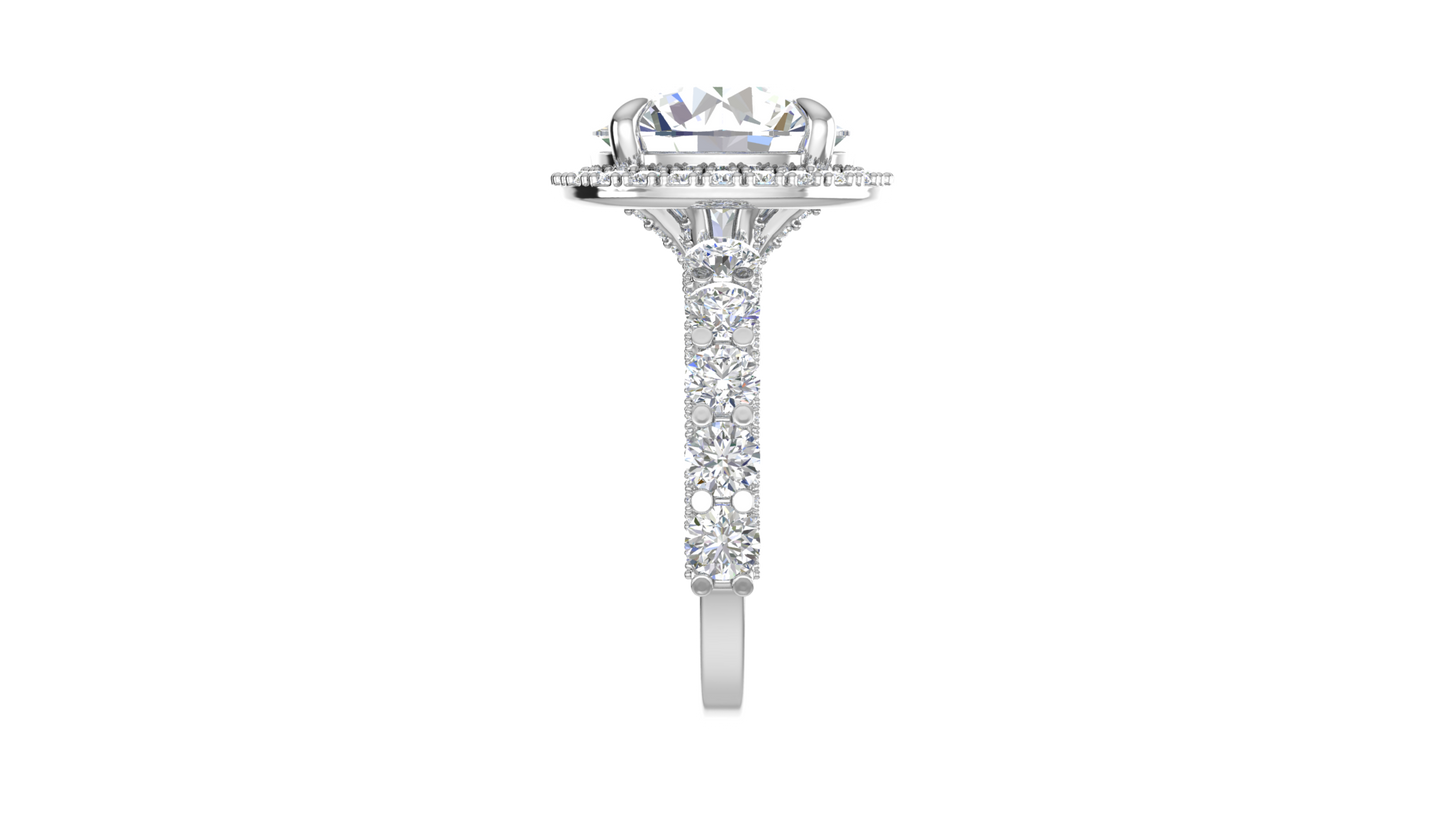 Opulent 5.00 Carat Round-Cut Halo Engagement Ring With Pavé Diamond Band In 14K White Gold