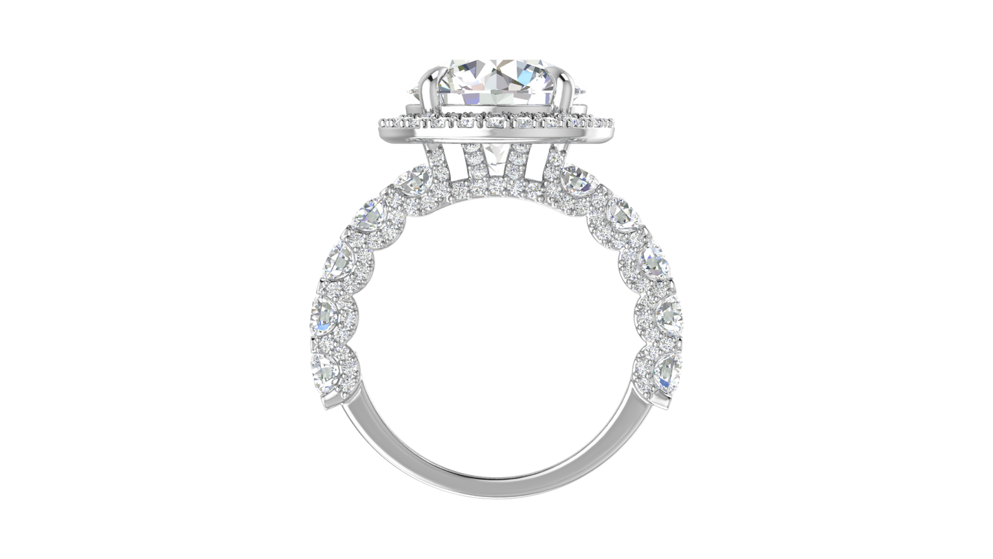 Opulent 5.00 Carat Round-Cut Halo Engagement Ring With Pavé Diamond Band In 14K White Gold
