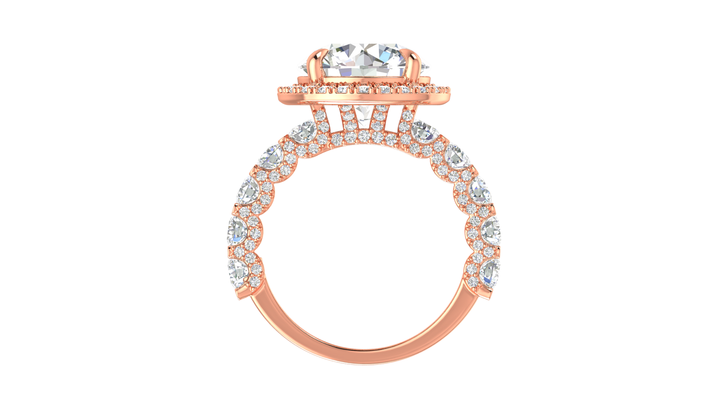 Opulent 5.00 Carat Round-Cut Halo Engagement Ring With Pavé Diamond Band In 14K Rose Gold