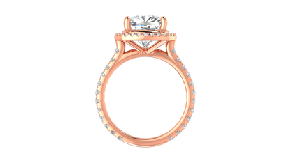 5 Carat Cushion Cut Halo Engagement Ring With Pavé Diamond Band In 14K Rose Gold