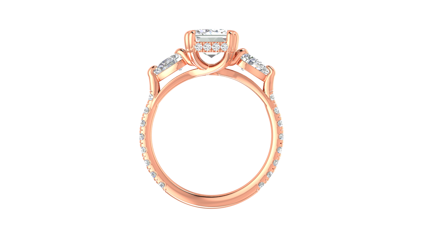 3 Carat Emerald Cut Engagement Ring With Pear Side Stones In 14K Rose Gold