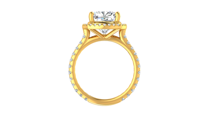 5 Carat Cushion Cut Halo Engagement Ring With Pavé Diamond Band In 14K Yellow Gold