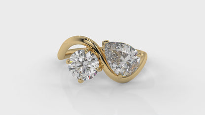 2.50 CTW Toi et Moi Diamond Ring in 14K Yellow Gold with Round and Pear Cut Diamonds