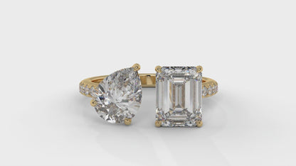 4.50 CTW Toi et Moi Diamond Ring in 14K Yellow Gold with Pear and Emerald Cut Diamonds