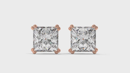 3 CTW Princess-Cut Diamond Stud Earrings In 14K Rose Gold – Four-Prong Setting