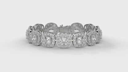30.26 CTW Diamond Tennis Bracelet in 14K White Gold – Cushion and Round Halo Design