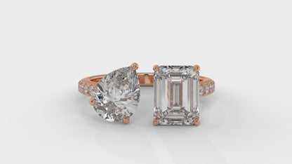 4.50 CTW Toi et Moi Diamond Ring in 14K Rose Gold with Pear and Emerald Cut Diamonds