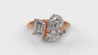 3.00 CTW Three-Stone Toi et Moi Diamond Ring in 14K Rose Gold with Pear, Emerald, and Marquise Diamonds