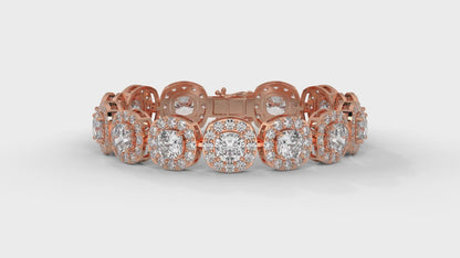 30.26 CTW Diamond Tennis Bracelet in 14K Rose Gold – Cushion and Round Halo Design