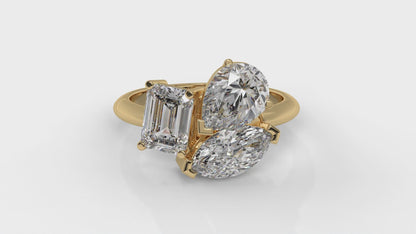 3.00 CTW Three-Stone Toi et Moi Diamond Ring in 14K Yellow Gold with Pear, Emerald, and Marquise Diamonds