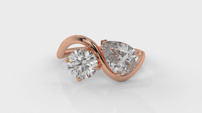 2.50 CTW Toi et Moi Diamond Ring in 14K Rose Gold with Round and Pear Cut Diamonds