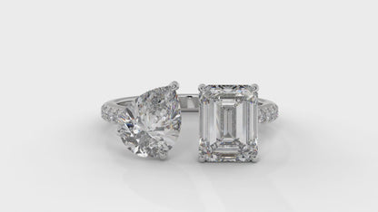 4.50 CTW Toi et Moi Diamond Ring in 14K White Gold with Pear and Emerald Cut Diamonds