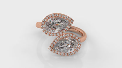1.95 CTW Toi et Moi Diamond Ring in 14K Rose Gold with Pear and Round Cut Diamonds