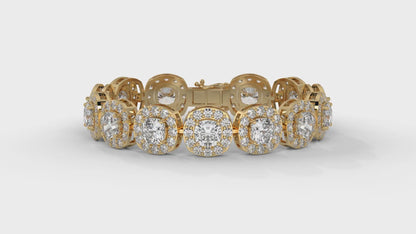 30.26 CTW Diamond Tennis Bracelet in 14K Yellow Gold – Cushion and Round Halo Design